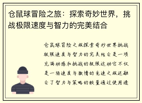 仓鼠球冒险之旅：探索奇妙世界，挑战极限速度与智力的完美结合
