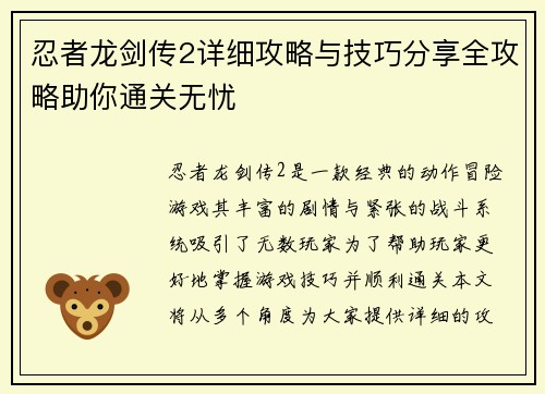 忍者龙剑传2详细攻略与技巧分享全攻略助你通关无忧