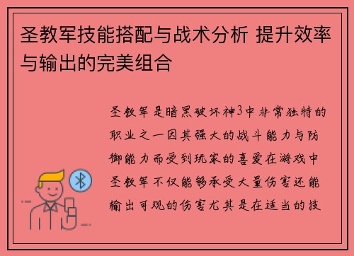 圣教军技能搭配与战术分析 提升效率与输出的完美组合