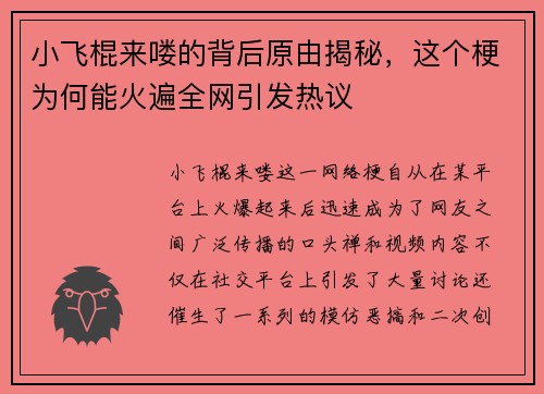 小飞棍来喽的背后原由揭秘,这个梗为何能火遍全网引发热议 小飞棍来喽的背后原由揭秘,这个梗为何能火遍全网引发热议